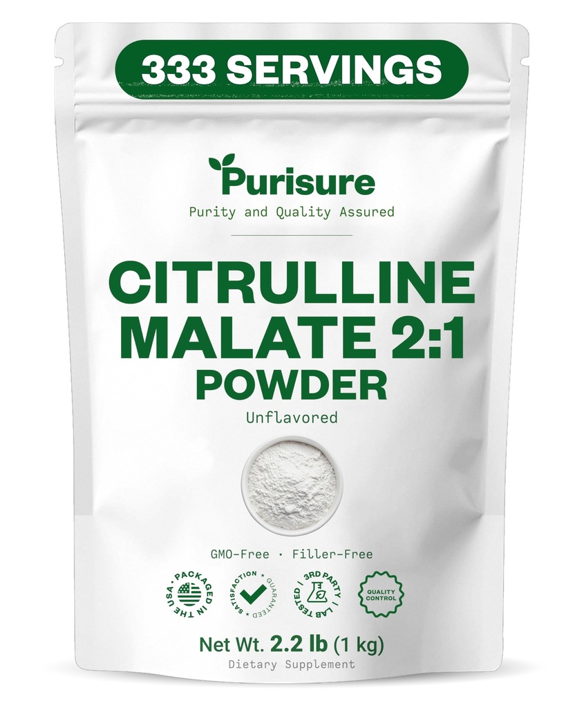 Purisure L Citrulline Malate 2:1 σε σκόνη, 1 kg, συμπλήρωμα και νιτρικό για την απόδοση και την ενέργεια δύναμη, πριν από την προπόνηση L Arginine L Citrulline συμπλήρωμα σκόνης, 334 Σερβίρει