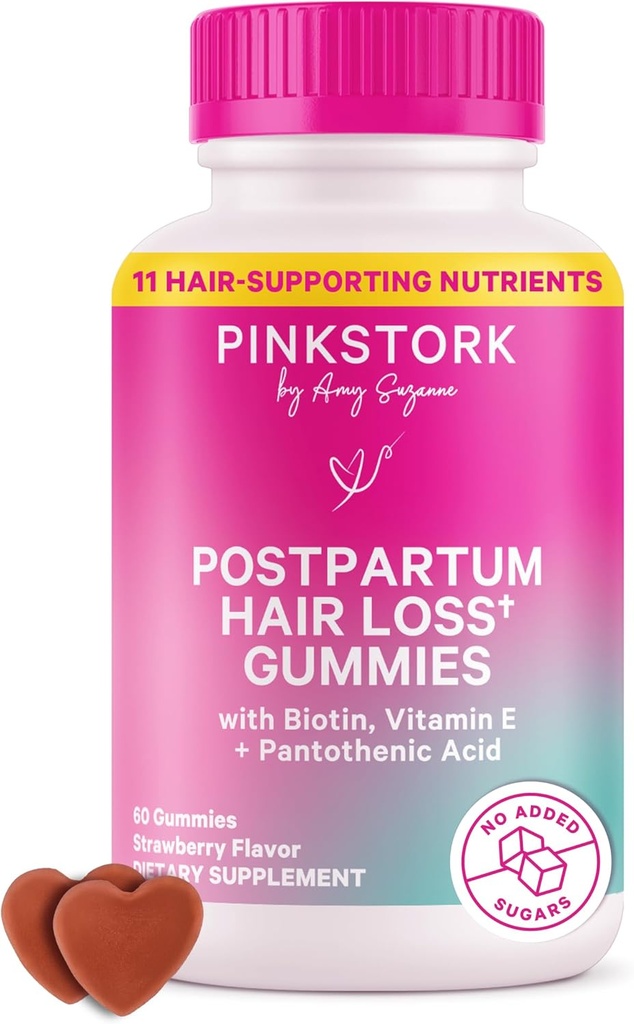 Pink Stork Postpartum Saç Kayıpları Gummies | Biotin, Pantothenic Acid, Vitamin E, B6, B12 | Postnatal Saç Büyüme + Regrowth Desteği | Emzirme-Friendly | Postpartum Essentials | 60 Gummies