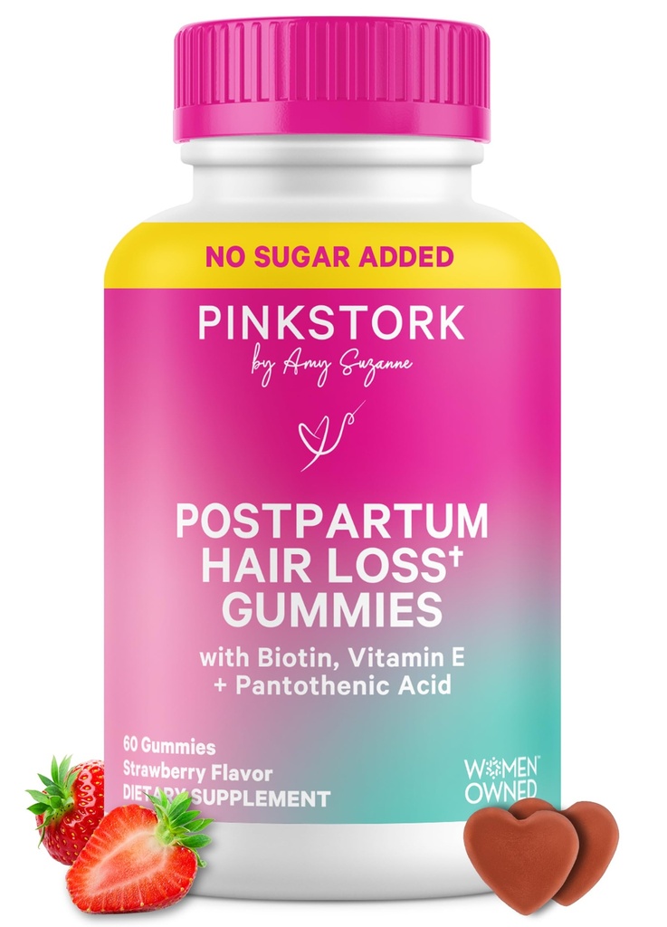 Pink Stork Postpartum Saç Kayıpları Gummies | Biotin, Pantothenic Acid, Vitamin E, B6, B12 | Postnatal Saç Büyüme + Regrowth Desteği | Emzirme-Friendly | Postpartum Essentials | 60 Gummies