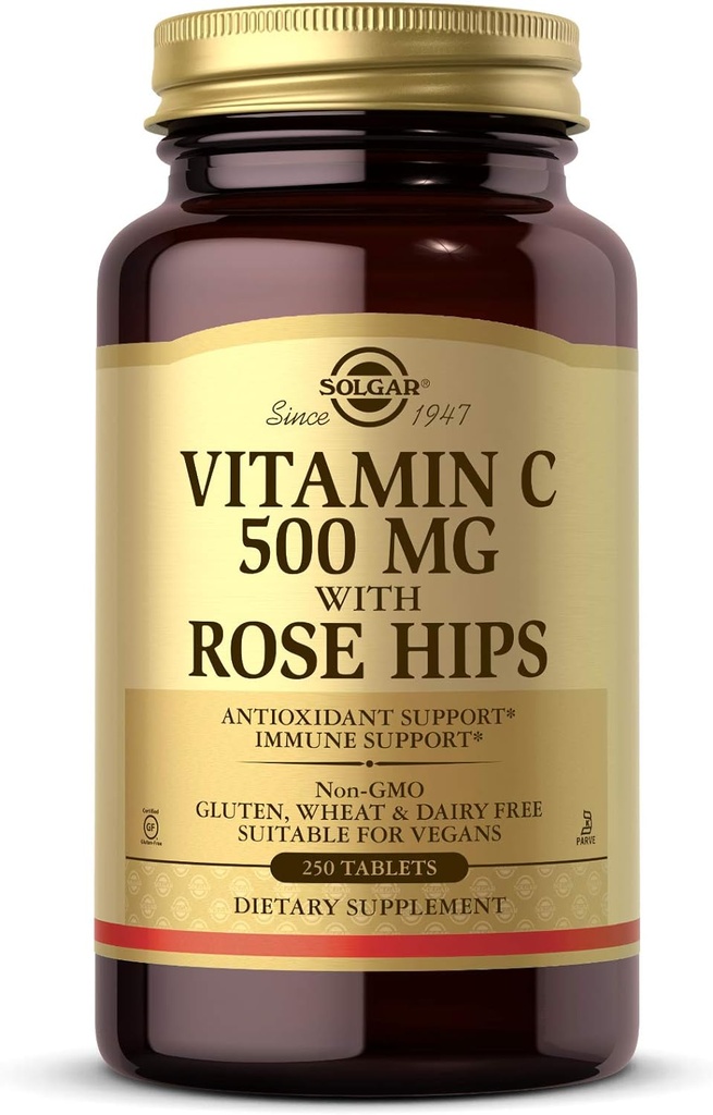 Solgar Vitamin C 500 mg Rose Hips, 250 Tablet - Antioksi & Immune Support - Genel Sağlık - Sağlıklı Cilt ve Ortakları Destek - GMO, Vegan, Gluten Ücretsiz, Süt Free, Kosher - 250 Hizmet