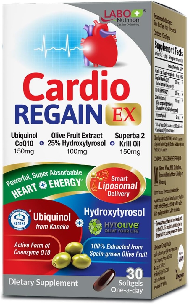 LABO Nutrition CardioREGAIN EX – Ubiquinol CoQ10 συμπλήρωμα με Kaneka QH 150mg, εκχύλισμα ελιών (25% hydroxytyrosol), λάδι κριλ – καρδιά, κυτταρική ενέργεια, λιποσωμική απορρόφηση, μη-GMO, χωρίς σόγια