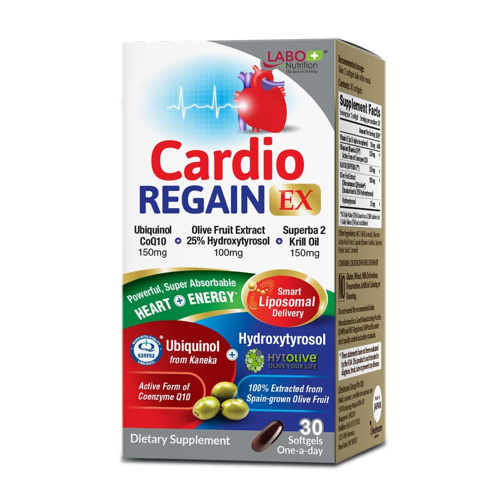 LABO Nutrition CardioREGAIN EX – Ubiquinol CoQ10 Supplement with Kaneka QH 150mg, Zeytinyağı (% 25 Hydroxytyrosol), Krill Oil – Heart, Cellular Energy, Liposomal Abception, Non-GMO, Soy-Free