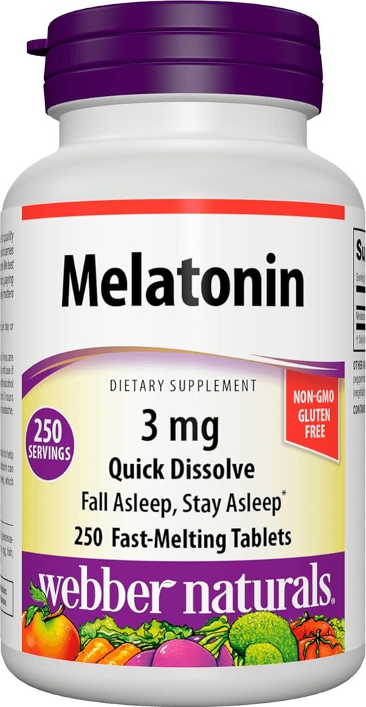 Webber Naturals Μελατονίνη 3 mg, Easy Dissolve, 250 Tablets, 100% Drug Free Sleep Aid for Adults, Gluten Free, Non-GMO, Κατάλληλο για χορτοφάγους