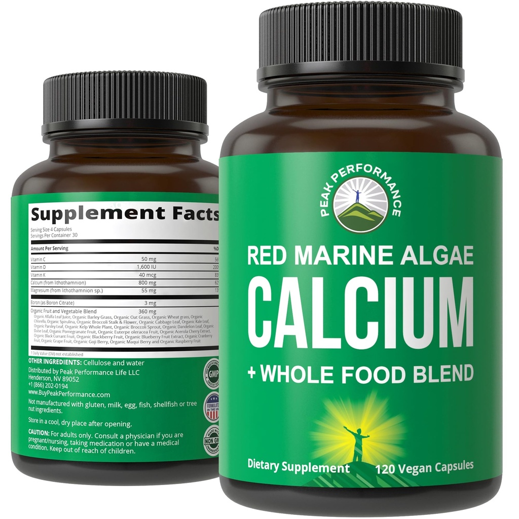Plantivedis - Red Marine Algaeuba Supplement C, D3, K, Magnezyum ve Tüm Gıda Sebzeli Kek. Bones ve Ortaklar için Vegan Capsules. 120 Pills, Tabletler
