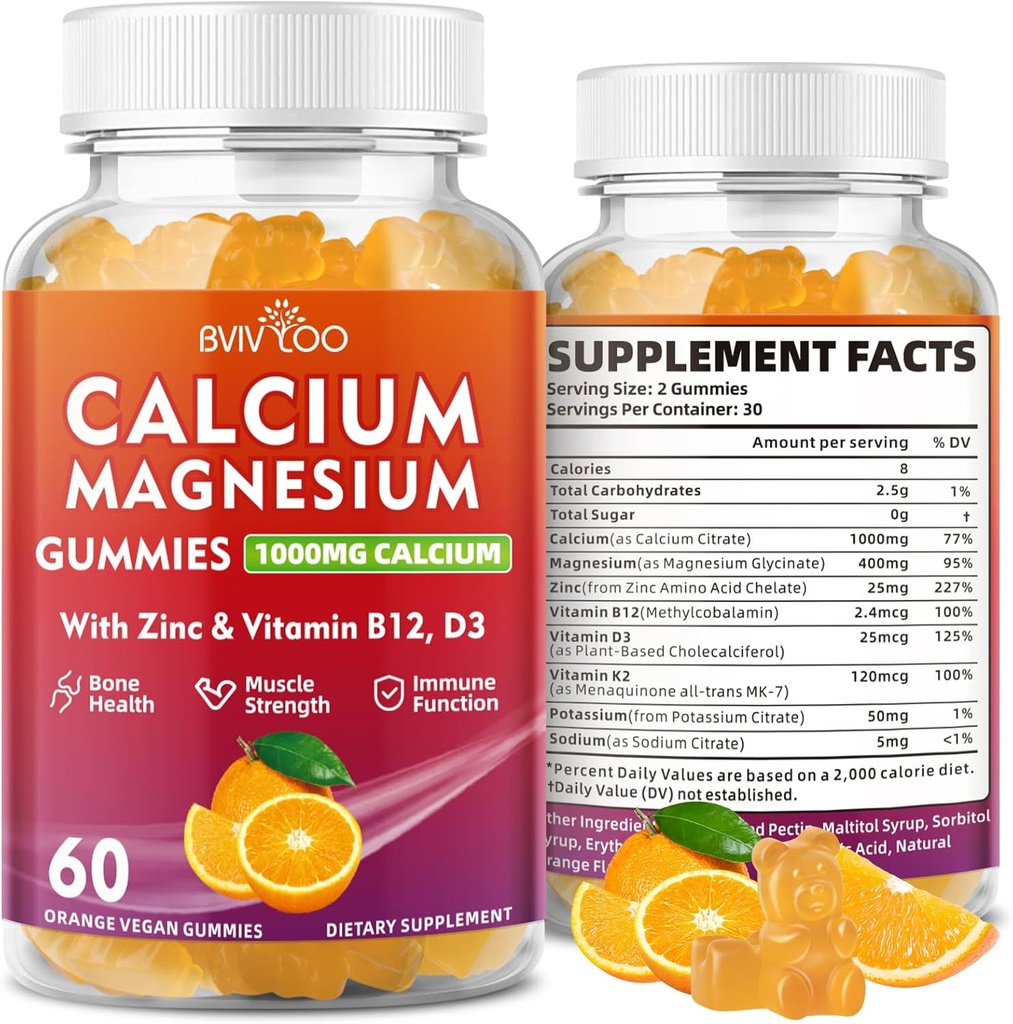 Calcium Gummies 1000mg with Vitamin D3 K2 & B Complex, Potassium, Calcium Magnesium Zinc Gummies for Bone, Muscle, Mood and Immunity - Orange Flavor 60 Gummies