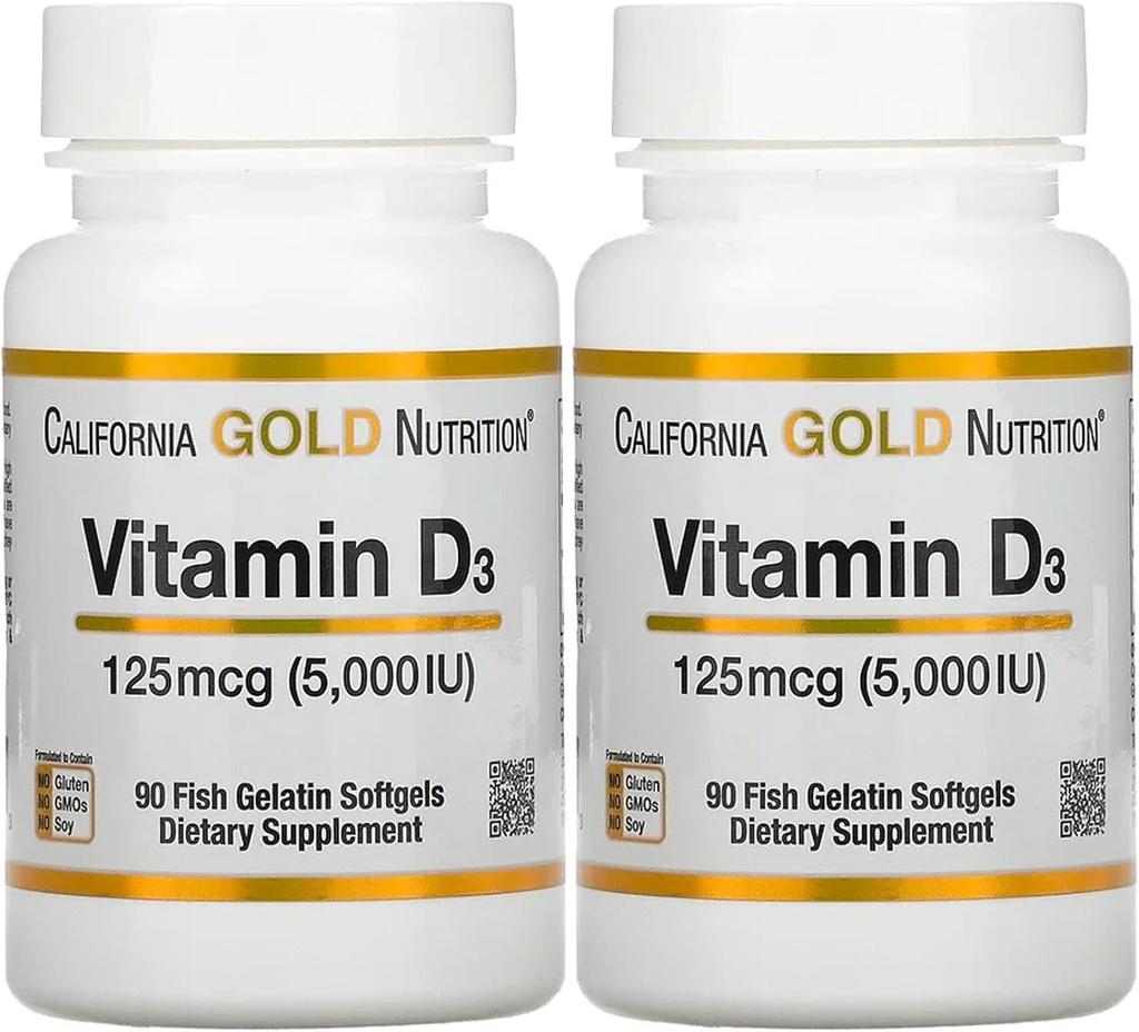 D3 Kaliforniya Altın Beslenmesi - Sağlıklı Kemikler ve Dişler için Destek - Immune System Desteği - Gluten Free, Non-GMO - 125 mcg (5,000 IU) - 2 Pack of 90 Fish Gelatin Softgels