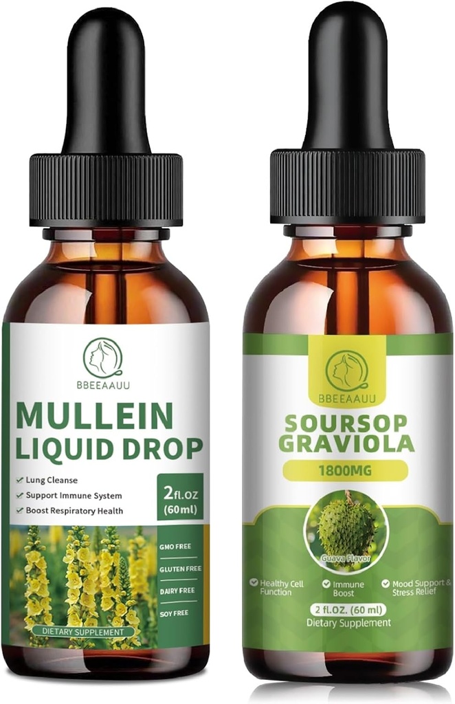 Mullein Drops for Lungs, Mullein Leaf Extract 1000MG για Lung Cleanse & Soursop Graviola Liquid Drops 1800mg, εκχύλισμα φύλλων Soursop για την αναγέννηση κυττάρων