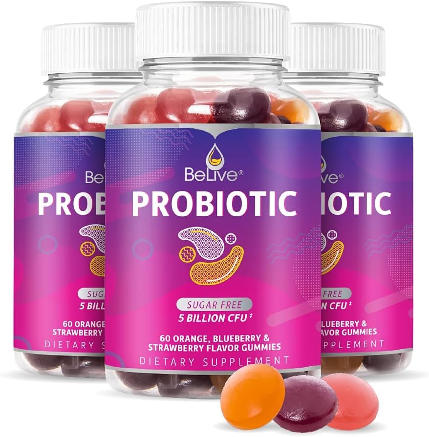 Canlı Probiyotik Gummies - Digestive Health için 5 Milyar CFU ile Probiyotikler, Erkekler, Kadınlar ve Çocuklar Immune Support, Sugar Free & Vegan - Blueberry, Strawberry & Orange | 3Pack