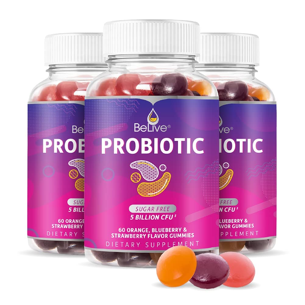 Canlı Probiyotik Gummies - Digestive Health için 5 Milyar CFU ile Probiyotikler, Erkekler, Kadınlar ve Çocuklar Immune Support, Sugar Free & Vegan - Blueberry, Strawberry & Orange | 3Pack