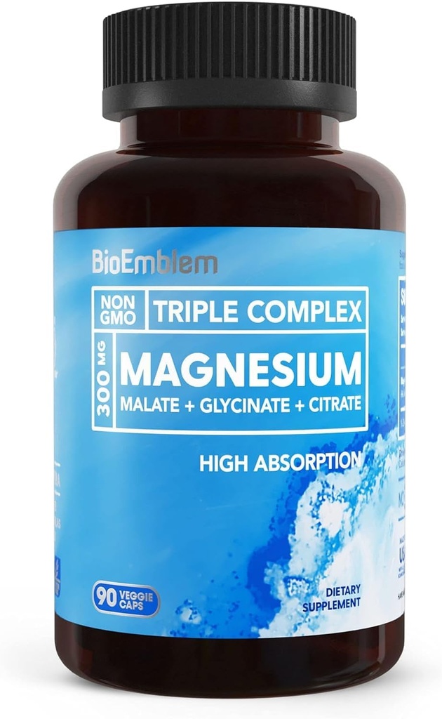 BioEmblem Triple Magnezyum Kompleksi | 300 mg Glycinate, Malate & Citrate | High Abpole Chelated Formula | Vegan, Non-GMO, Gluten-Free | 90 Capsules