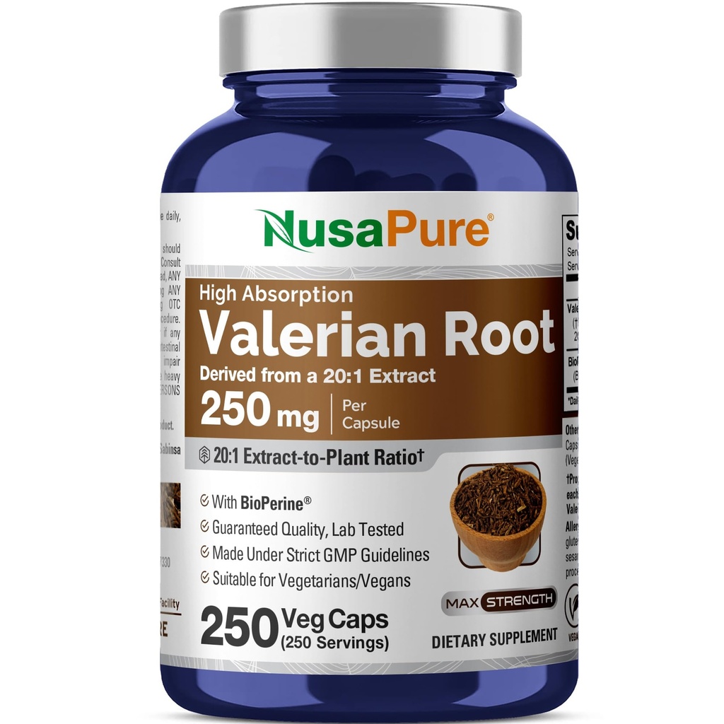 NusaPure Valerian Root 20:1 Extract, 250 mg Ισοδύναμο με 5000mg ανά Veggie Caps, 250 Count, Vegan, Non-GMO, Bioperine