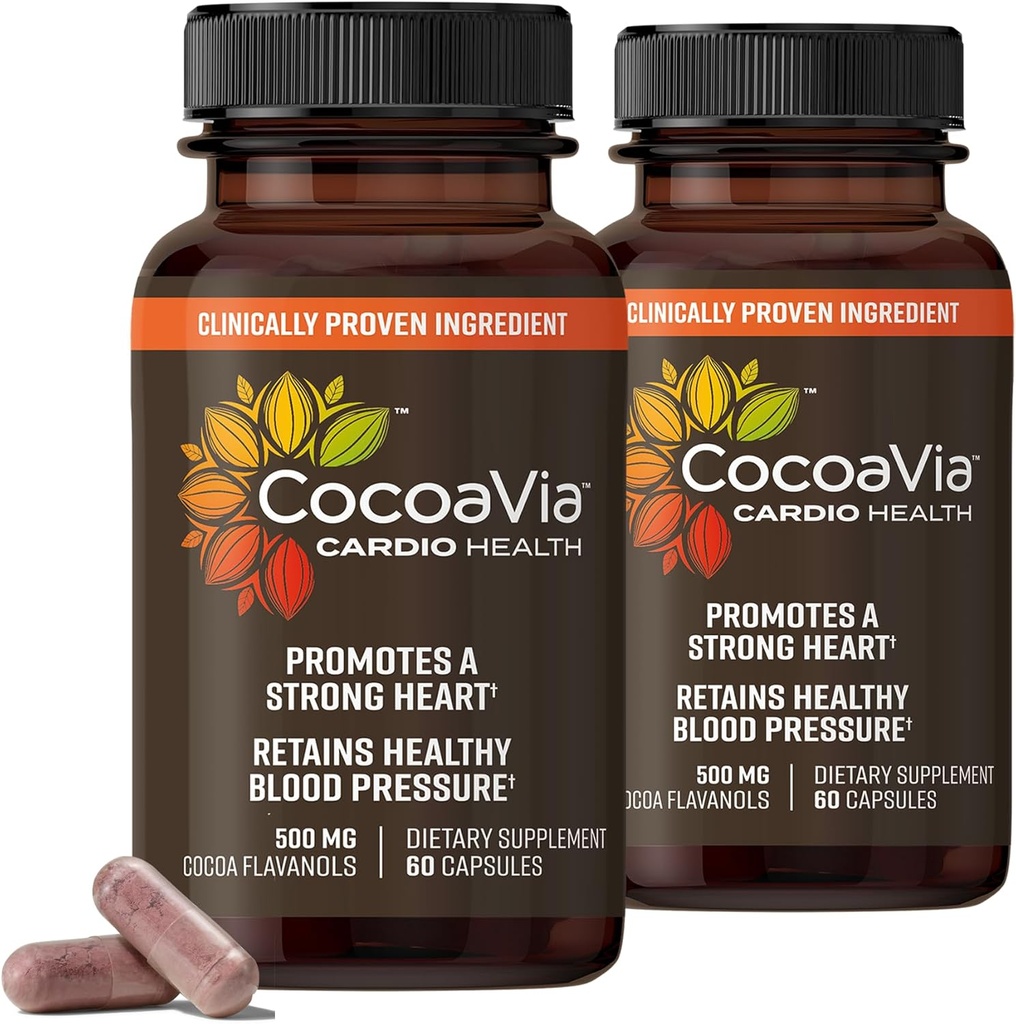 CocoaVia Cardio Health Supplement, 60 Ημέρα, 500mg Cocoa Flavanols, Υποστηρίξτε την υγεία της καρδιάς, Ενισχύστε το νιτρικό οξείδιο, Κυκλοφορία αίματος, Ενέργεια, Vegan, Σκούρο σοκολάτα, 120 κάψουλες