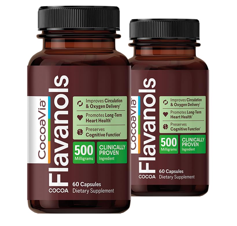 CocoaVia Cardio Health Supplement, 60 Gün, 500 mg Cocoa Flavanols, Support Heart Health, Boost Nitrik Oksit, Blood Circulation, Energy, Vegan, Dark Chocolate, 120 Capsules