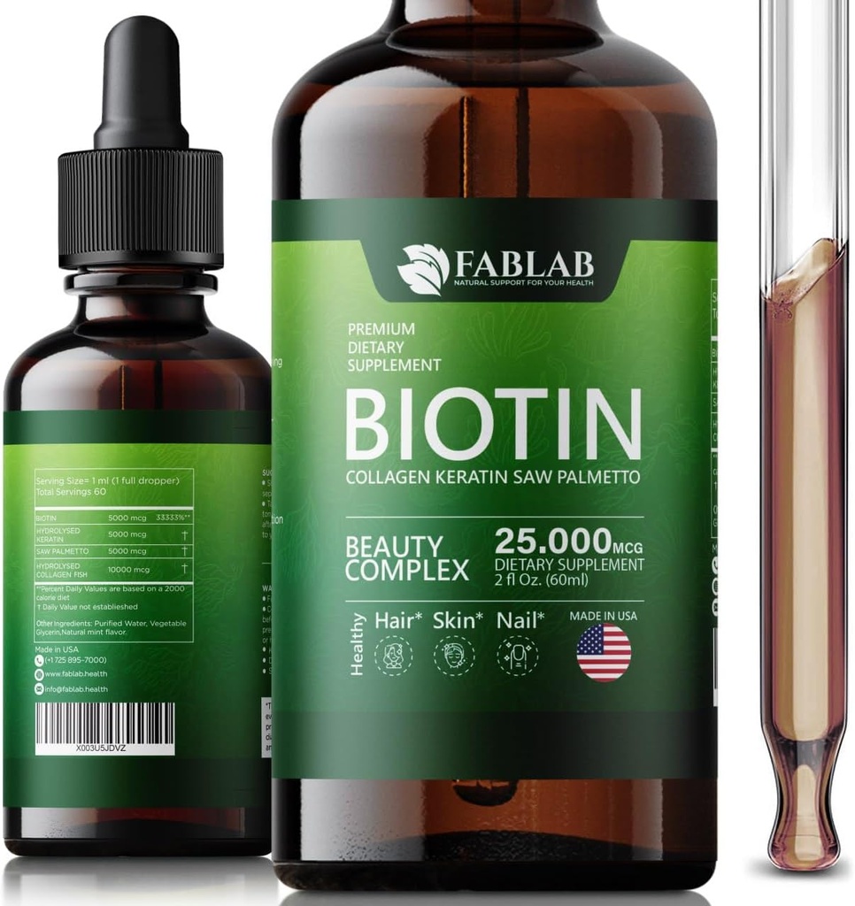 FabLab Biotin, Collagen, Keratin ve Saw Palmett 25000msg Ekstraksiyon - Yetişkinler için Sağlıklı Saç Skin & Nails, No Filler, No Stearate-Anti Aging Collagen Vitamins for Men & Women- 2 Fl Oz