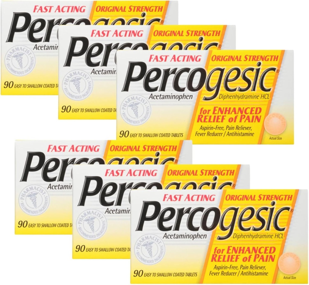 Percogesic aspirin Free Pain Relief Tabletler, Original Strength, Acetaminophen ve Diphenhydramine, 90 ct ( Borges 6)