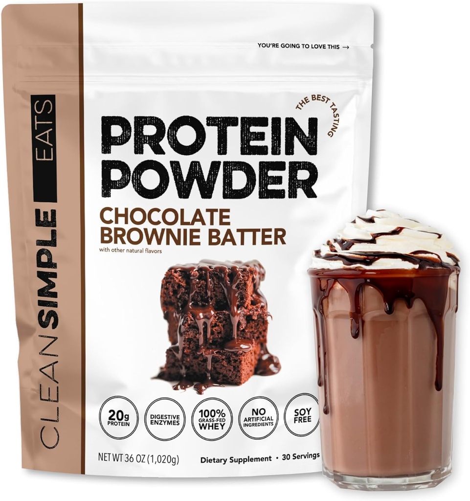 Temiz Basit Yemekler Whey Protein Tozu, Çikolata Brownie Batter Flavor Doğal olarak Tatlıladı,% 100 Grass Fed Protein Tozu Digestive Enzymes & No Yapay Malzemeler, Gluten Free, 30 Servisler