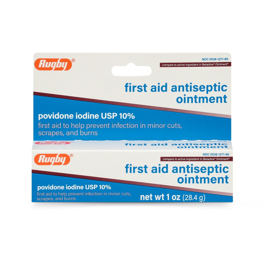 Rugby First Aid Antiseptic Ointment, Povidone Iodine USP 10% Επίκαιρη Λύση, Βοηθά στην πρόληψη της μόλυνσης σε μικρές περικοπές, σχισμές και εγκαύματα - 1 Oz.