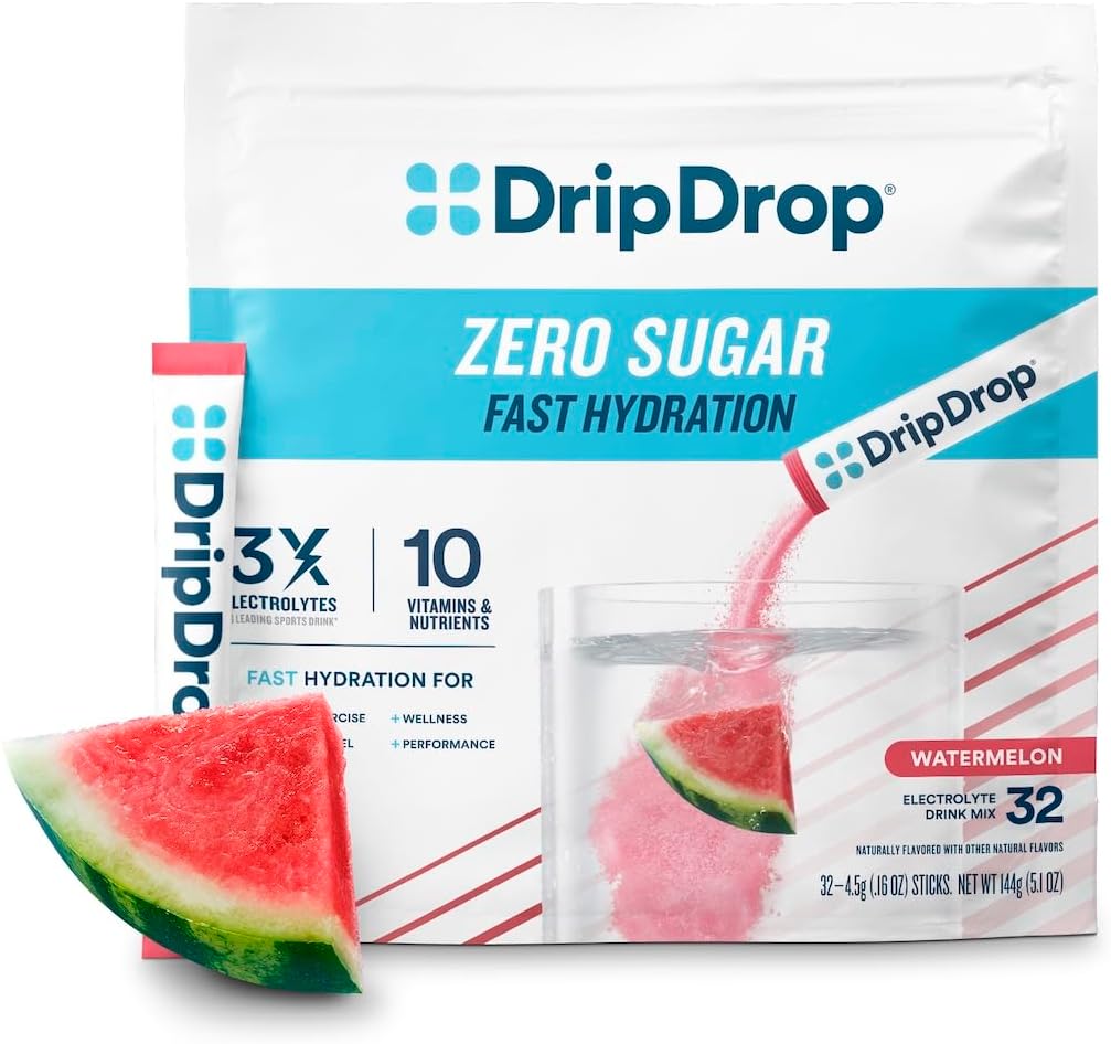 DripDrop Sugar Free Hydration Packets - Zero Watermelon - Single Serve Electrolytes Toz İç Mix - Non-GMO, Gluten Free, Vegan - 32 Sticks