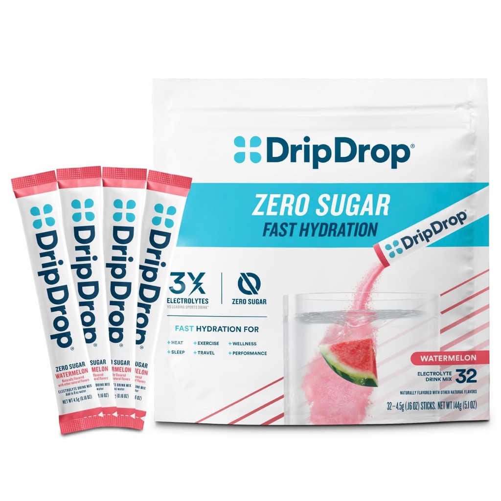 DripDrop Sugar Free Hydration Packets - Zero Watermelon - Single Serve Electrolytes Toz İç Mix - Non-GMO, Gluten Free, Vegan - 32 Sticks
