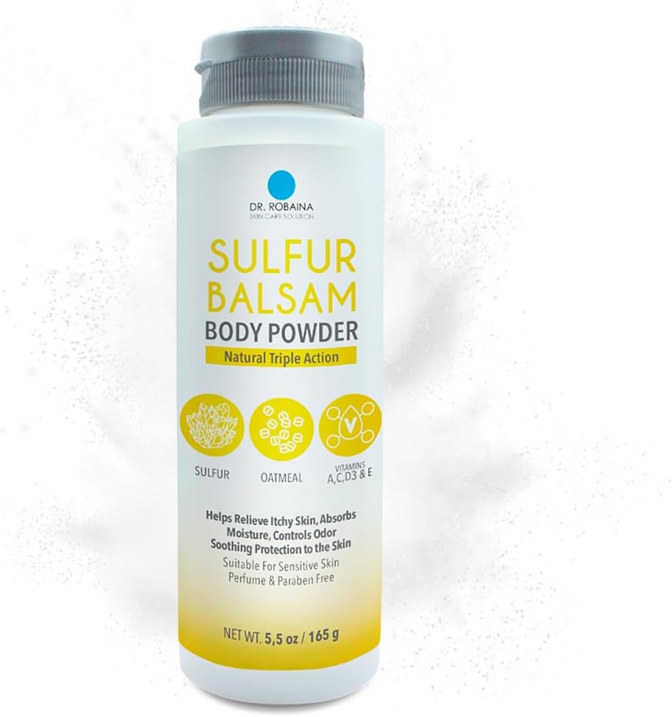 Dr. Robaina Sulfur Balsam Body Powder – Triple Action Powder for Ichy Skin, Moisture Control, and Odor Relief – Κατάλληλο για Ευαίσθητο Δέρμα με Έκζεμα και Ψωρίαση – Κατασκευασμένο στις ΗΠΑ
