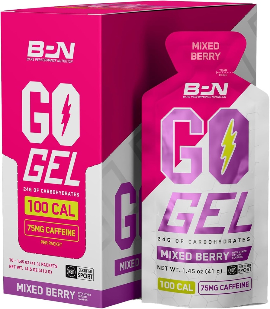 BARE PERFORMANCE NUTRITION, BPN Go Gel Endurance, 24g of Carbohidrats & 100 Calories per Pack, Vegan + Gluten Free Run Gel, 10 Single-Serving Packs, Caffeinated Karma Berry