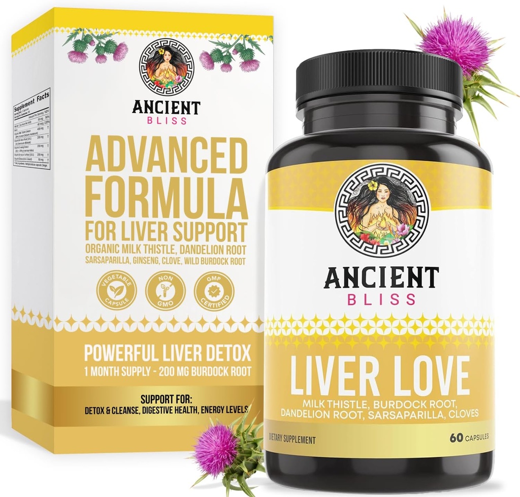 Ancient Bliss Liver Love - Φυσικό γάλα Thittle Liver Detox και Liver Health Cleanse συμπλήρωμα - Υποστήριξη Υγιές συκώτι σε άνδρες και γυναίκες - 60 κάψουλες - με Burdock, Dandelion, γαρύφαλλα, και περισσότερα