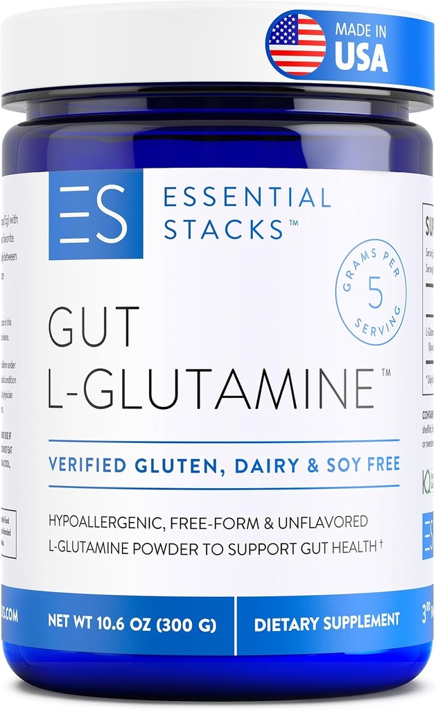 Essential Stacks Gut L-Glutamine Powder - Αποκλειστικά Κατασκευασμένη στις ΗΠΑ - Pure L Glutamine Powder for Gut Health (60 Servings, Unflaved)