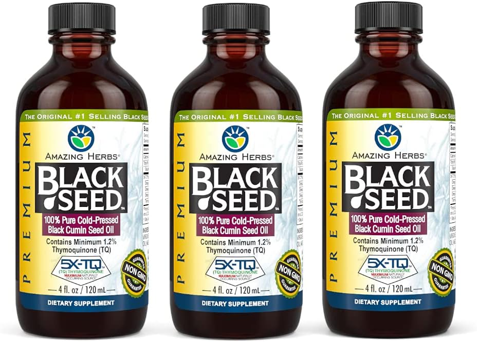 Amazing Herbs Premium Black Seed Oil - Gluten Free, Non GMO, Cold Pressed Nigella Sativa Aids in Digestive Health, Immune Support, Brain Function - 4 Fl Oz (Pack of 3)
