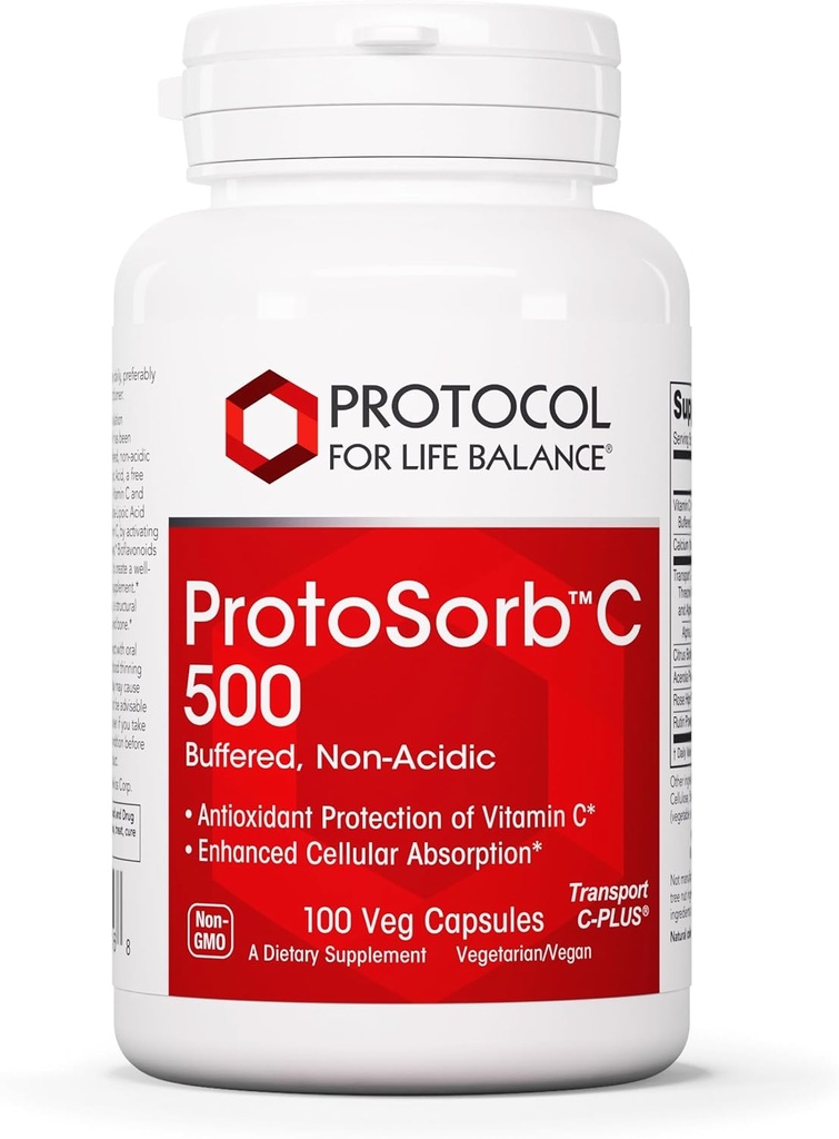 Protocol Protosorb C 500 - Υψηλή απορροφήσιμη βιταμίνη C - για το ανοσοποιητικό σύστημα & συμπλήρωμα υγείας των οστών * - με Αλφα-Λιποϊκό οξύ - Ρυθμιζόμενη, Μη Ακιδική βιταμίνη C - 100 Veg Caps