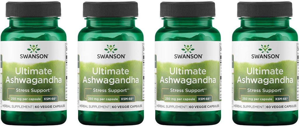 Swanson Ultimate Ashwagandha KSM-66 - Herbal Supplement Sağlıklı Stres Seviyeleri ve Rahatlama - Calm & Relaxed Mindset - (60 Veggie Capsules, 250mg Her) (4 Pack)