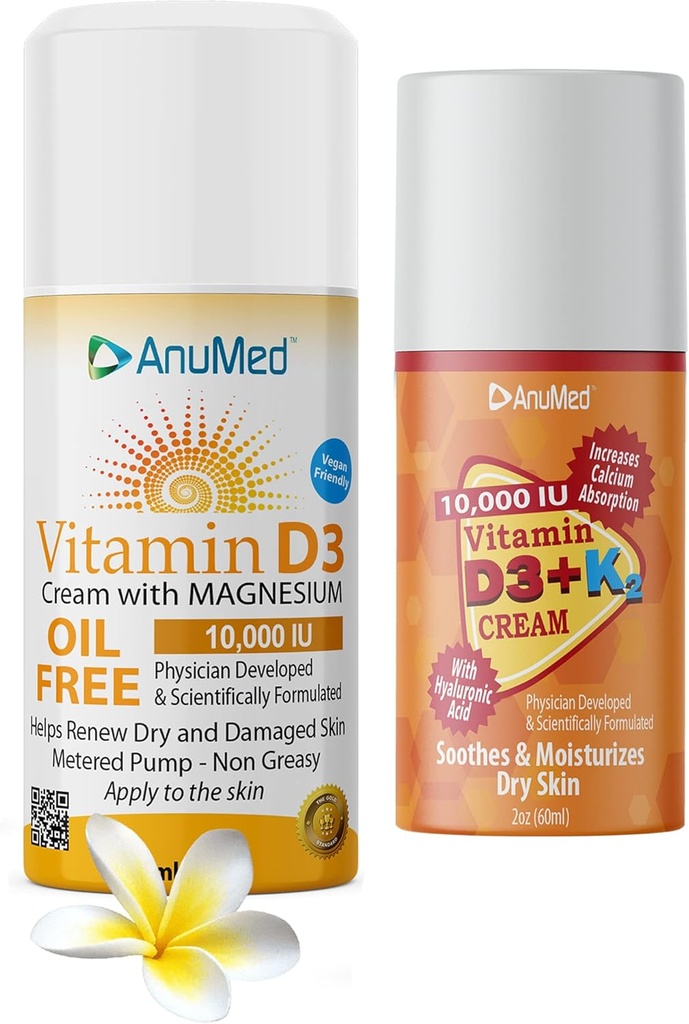 ANUMED Bundle Natural Cream with Vitamin (D3 10.000 IU Oil-Free) + (D3 with K2 10.000 IU Travel Size 2oz) Ισχυρά συστατικά με Υαλουρονικό Οξύ, Μαγνήσιο, Βιταμίνη Ε, Ψευδάργυρος, Βιταμίνη Β3.