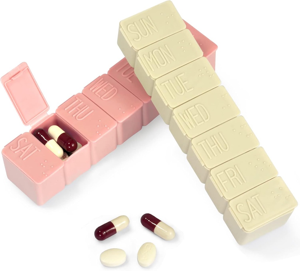 Pill Organizer-Pill Κουτιά για Ταξίδια, 7 ημέρες με Braille Pill περίπτωση Βιταμίνες Fish Oil Συμπληρώματα, Medication Organizer Dispenser για τα ιχθυέλαια, συμπλήρωμα κατόχου βιταμίνης (Pink+Beige)