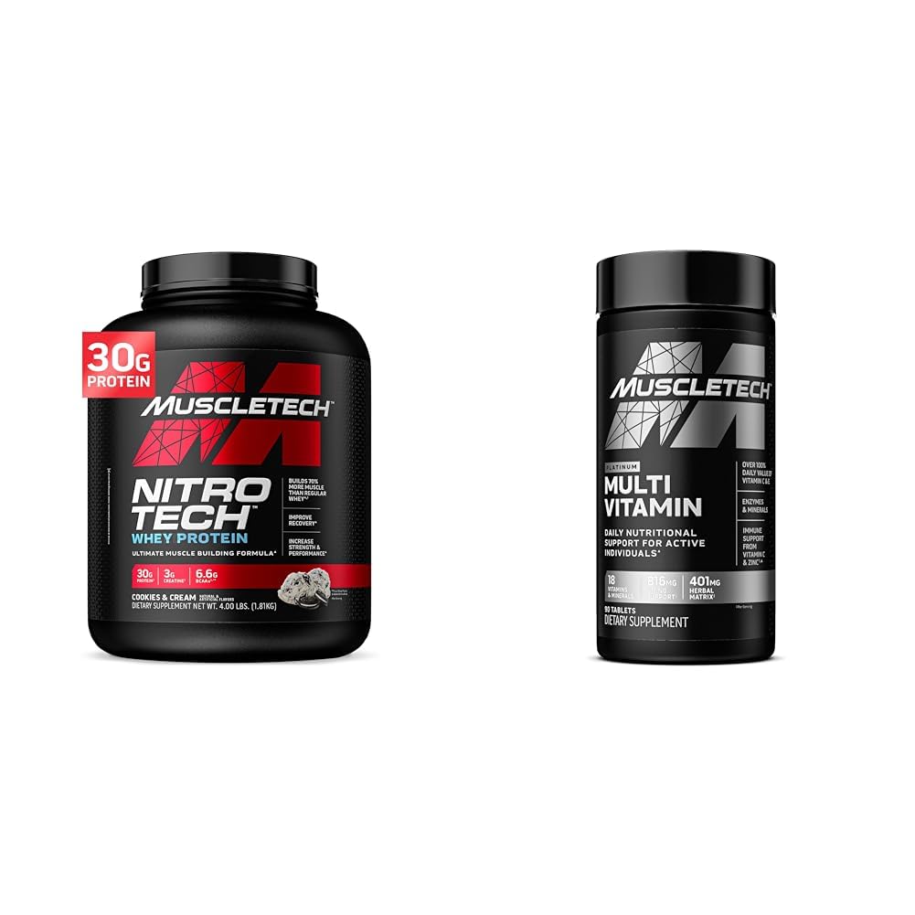 Kastech Whey Protein Toz & Multivitamin for Immune Support - Nitro-Tech Muscle Building Formula with Whey Protein Isolate & Crea, 30g Protein, 3g Kretine, 6.8g BCAAs ve Platinum Multivitamin 18 Vitamins & Minerals ile