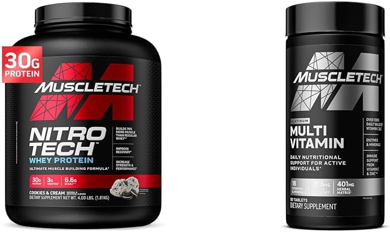 Muscletech Whey Protein Powder & Multivitamin for Immune Support - Nitro-Tech Muscle Building Formula with Whey Protein Isolate & Peptides, 30g Protein, 3g Creatine, 6,8g BCAAs, και Platinum Multivitamin με 18 Βιταμίνες & Ορυκτά