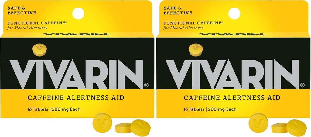 Vivarin, χάπια καφεΐνης, 200mg καφεΐνη ανά δόση, Ασφαλώς και αποτελεσματικά σας βοηθά να μείνετε Ξύπνα, χωρίς ζάχαρη, θερμίδες ή κρυμμένα συστατικά, συμπλήρωμα ενέργειας, 16 δισκία (πακέτο του 2)