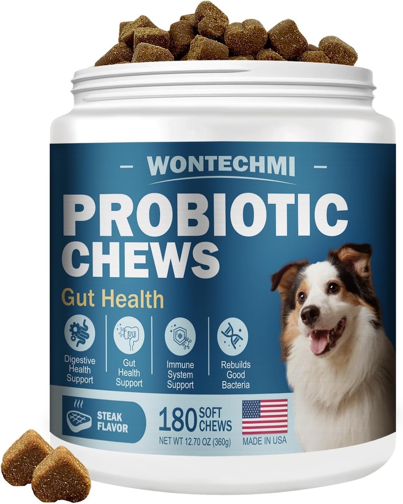 Köpekler için probiyotikler, Itchy Skin Itchy Ears, Gut Health, Yeast Balance, Allergies, Immunity, Dog Probiyotiks and Digestive Enzymes with Prebiyotiks, Reduce Diarrhea (180 Chews, Steak)