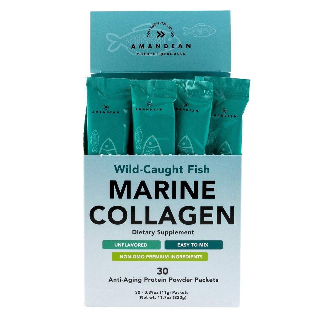 AMANDEAN Marine Collagen Peptides Powder Stick Packs (στα Αγγλικά). Αγριόψαρα. 30 μεμονωμένα πακέτα χρήσης. Μαλλιά, δέρμα & νύχια. Μη γενετικά τροποποιημένοι, μη αρωματικοί υδατάνθρακες, υψηλή βιοδιαθεσιμότητα.