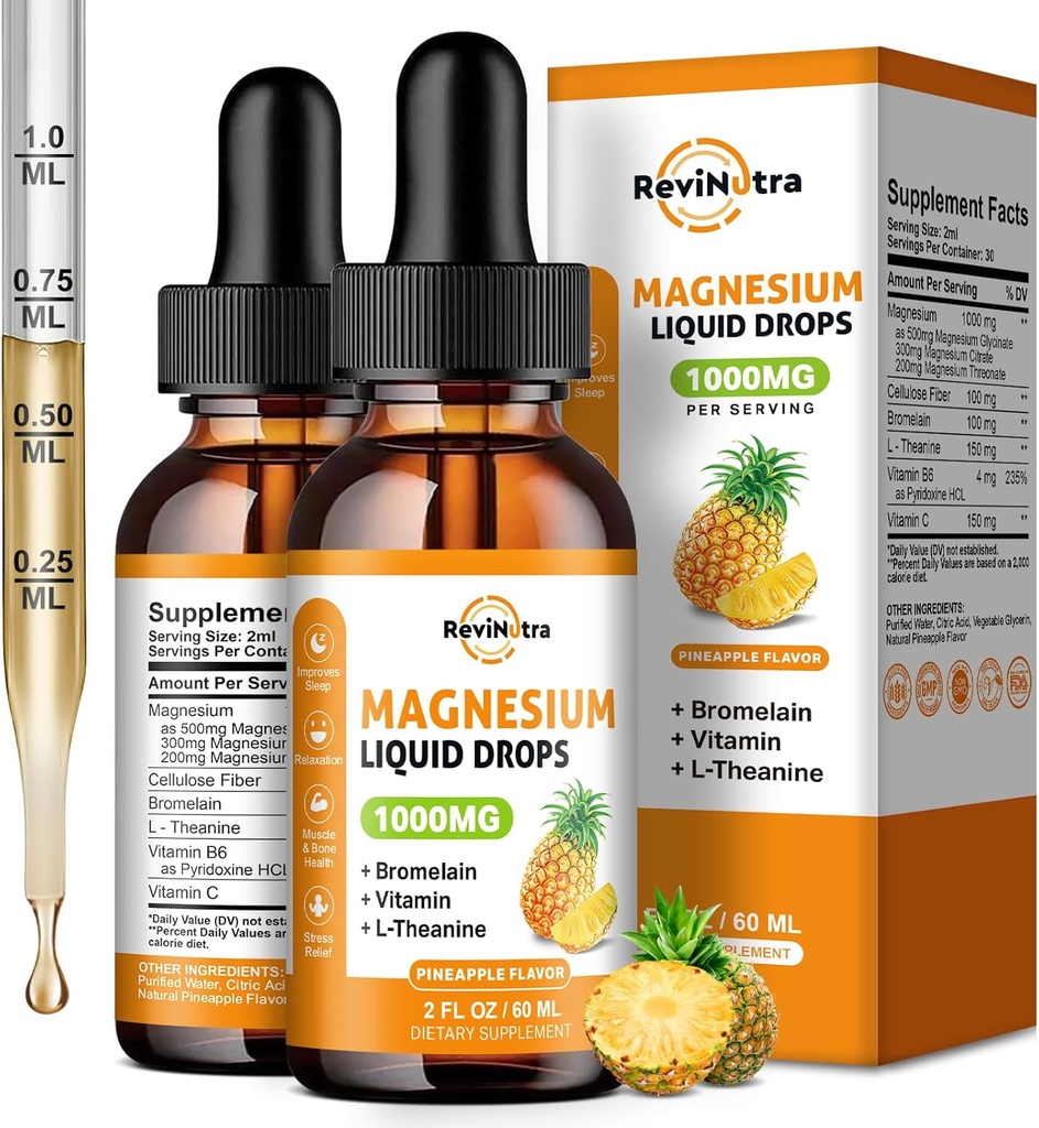 2 Pack Magnezyum Glycinate Liquid Drops, 1000 mg of Magnezyum Kompleksi Uyku, Nerve, Enerji, Kas, Bone, Calm & Digestion, High Abxia, 2 Fl Oz, Pineapple Flavor