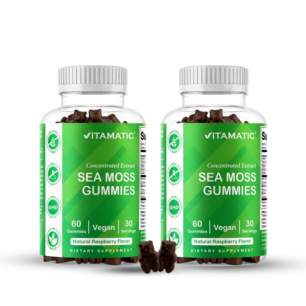 Vitamatic 2 Pack Irish Sea Moss Gummies – 3000 mg Ισοδύναμο ανά υπηρεσία (132,5 mg Extract) – 60 Count – Made with Bladderwrack & Burdock Root – Υποστηρίζει Thyroid, Ενέργεια & Ανοσολογική Υγεία