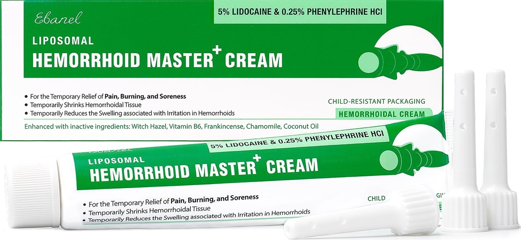 Ebanel% Lidoka Hemorrhoid Treatment Cream Cream with Witch Hazel, Phenylephrine, Horse Chestnut, B6, çinko Oksit, Dış ve İç Hemoroid Tedavisi Burn Itch Pain Relief