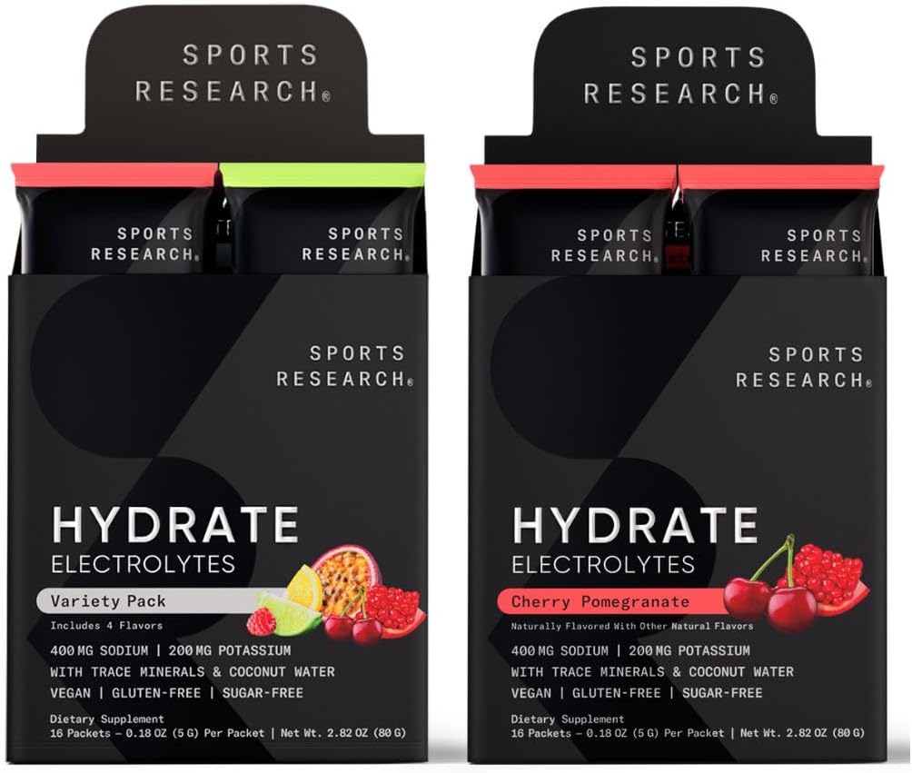 Sports Research Hydrate Electrolytes Combo Pack - Χωρίς ζάχαρη & Φυσικά Γεύση με Βιταμίνες, Ορυκτά και Νερό καρύδας - Υποστηρίζει Ενυδάτωση - 32 Πακέτα - Τσέρι Ρόδι