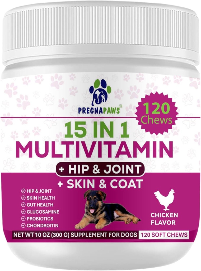 Köpekler için 15in-1 Postnatal Vitaminler - İyileştirme, Ortak Sağlık, Cilt ve Ön Bakım - Hemşirelik Köpekleri için Probiyotikler ve Multivitaminler - 120 Chewable Chicken Flavor Tabletleri