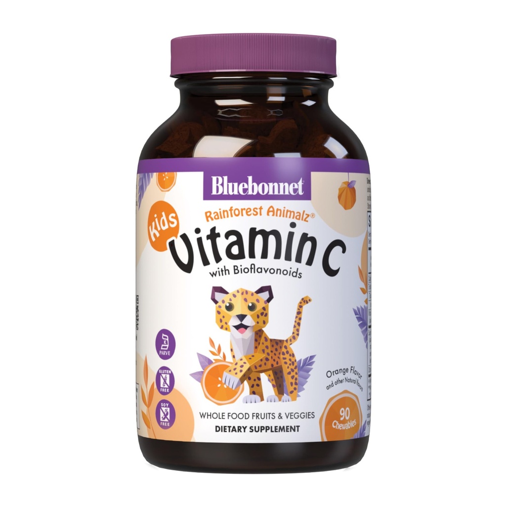 Bluebonnet Beslenme Rainforest Animalz Vitamin C Animal Form Chewable Tabletler, 250 mg C, Soy-Free, Gluten-Free, Kosher sertifikalı, Süt-Free, Vegan, 90 Tablet, 45 Hizmet, Orange Flavor