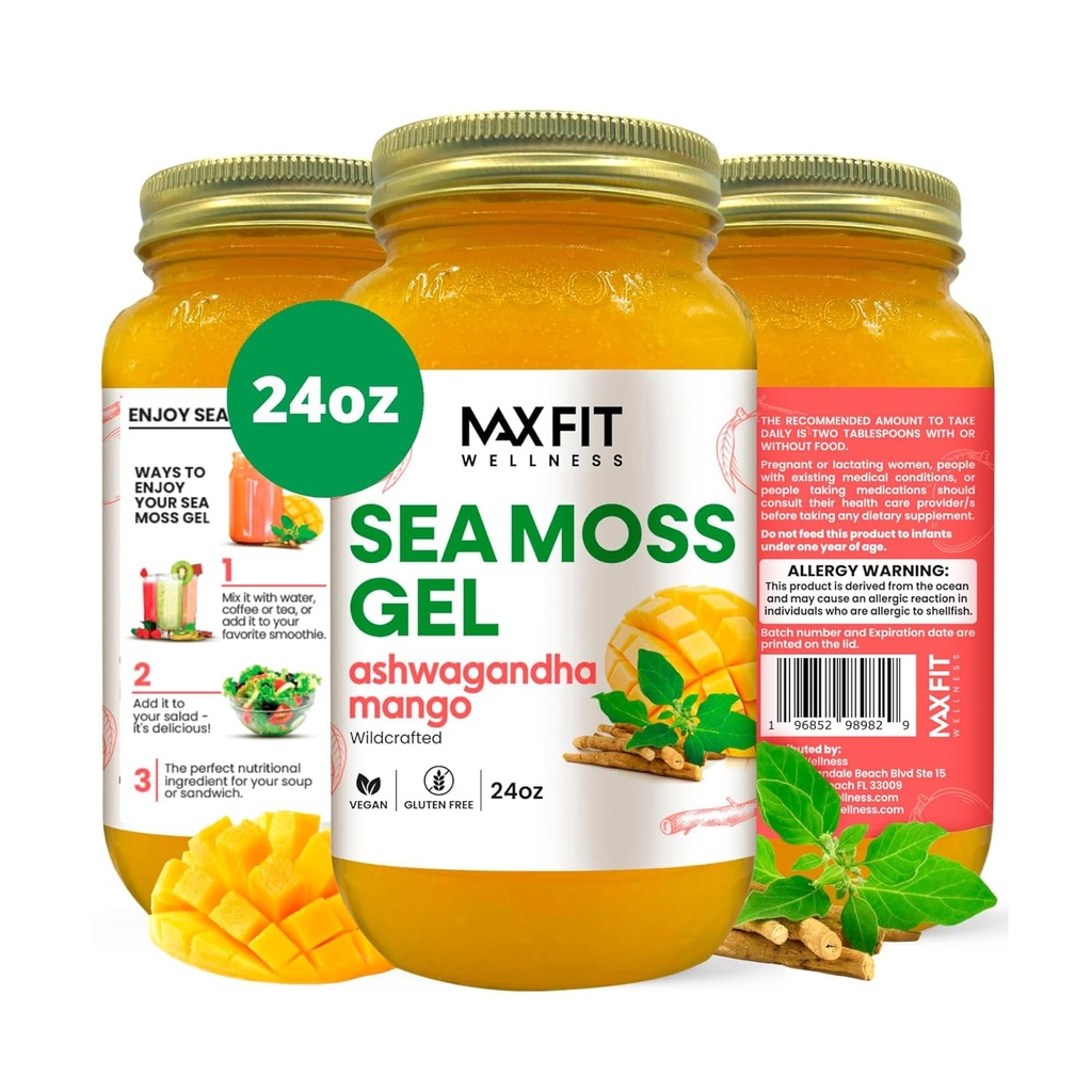 Sea Moss Gel Ashwagandha Mango (25 Flavors) 24oz Vahşi Önlemli Gold Sea Moss Gel Saint Lucia | 92 Vitamin ve Minerals | Pure Raw+Non-GMOMO