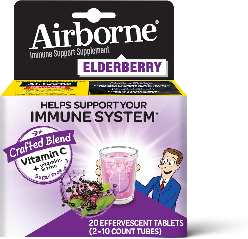 Airborne Elderberry Extract + Βιταμίνη C 1000mg (ανά Σερβίρισμα) - Αναβράζοντα Δισκία (20 Μέτρα σε Κουτί), Συμπλήρωμα Ανοσολογικής Υποστήριξης Χωρίς Γλουτένη, με Βιταμίνες A C E, Ψευδάργυρος, Σελήνιο, Χωρίς Ζάχαρη