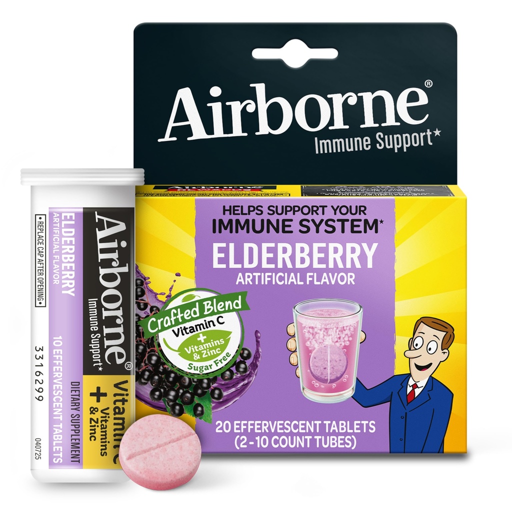 Airborne Elderberry Extract + Vitamin C 1000 mg (per service) - Effervescent Tabletler (20 Bir Kutuda Kont), Gluten-Free Immune Support Supplement, A C E, çinko, Selenium, Sugar Free