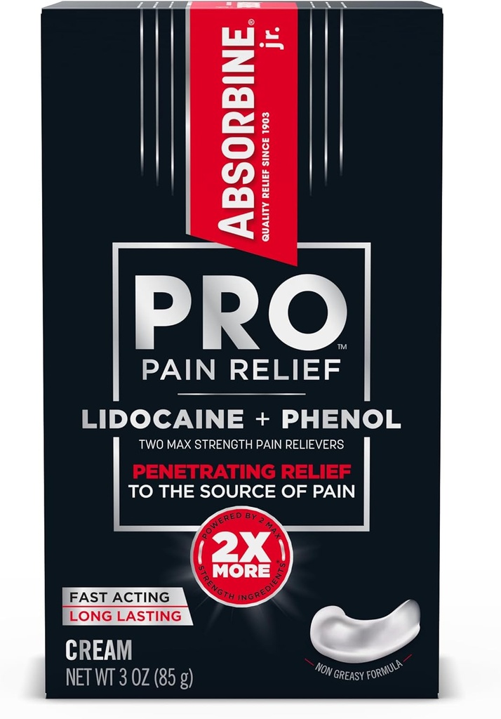 ABSORBINE JR. Absorbine Jr. PRO Max Strength Lidocain Cream, Maximum Pain Relief with Phenol for Fast-Acting of Nerve Pain, Mus Aches, and Joint Discomfort, Non-Grazy Formula, 3oz. Σωλήνας, 1