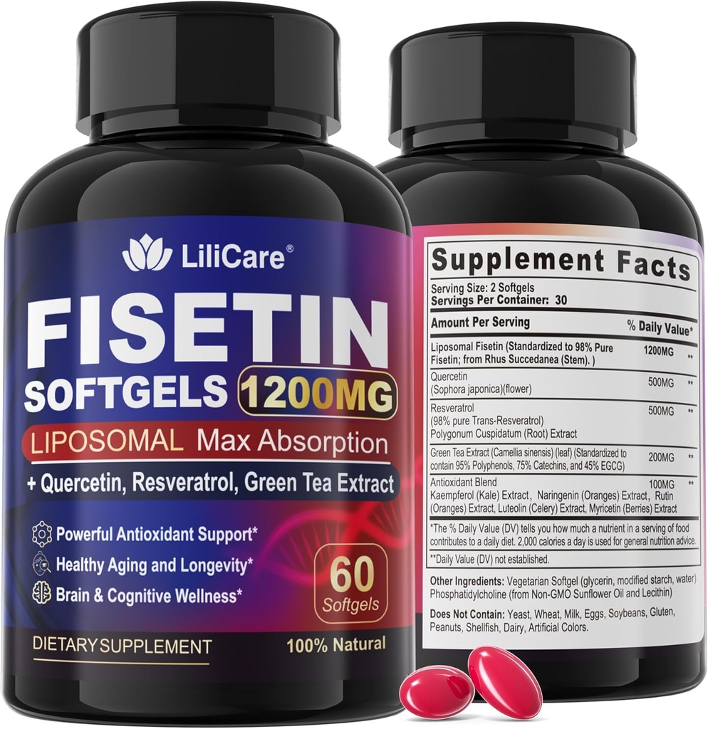 Συμπλήρωμα φισετίνης - Liposomal Super Απορρόφηση 98% Καθαρή 1200mg με Quercetin, Resveratrol, Πράσινο εκχύλισμα τσαγιού για υγιή γήρανση & μακροζωία, Υγεία του δέρματος, Εγκέφαλος & Αντιοξειδωτικό - 60 Softgels