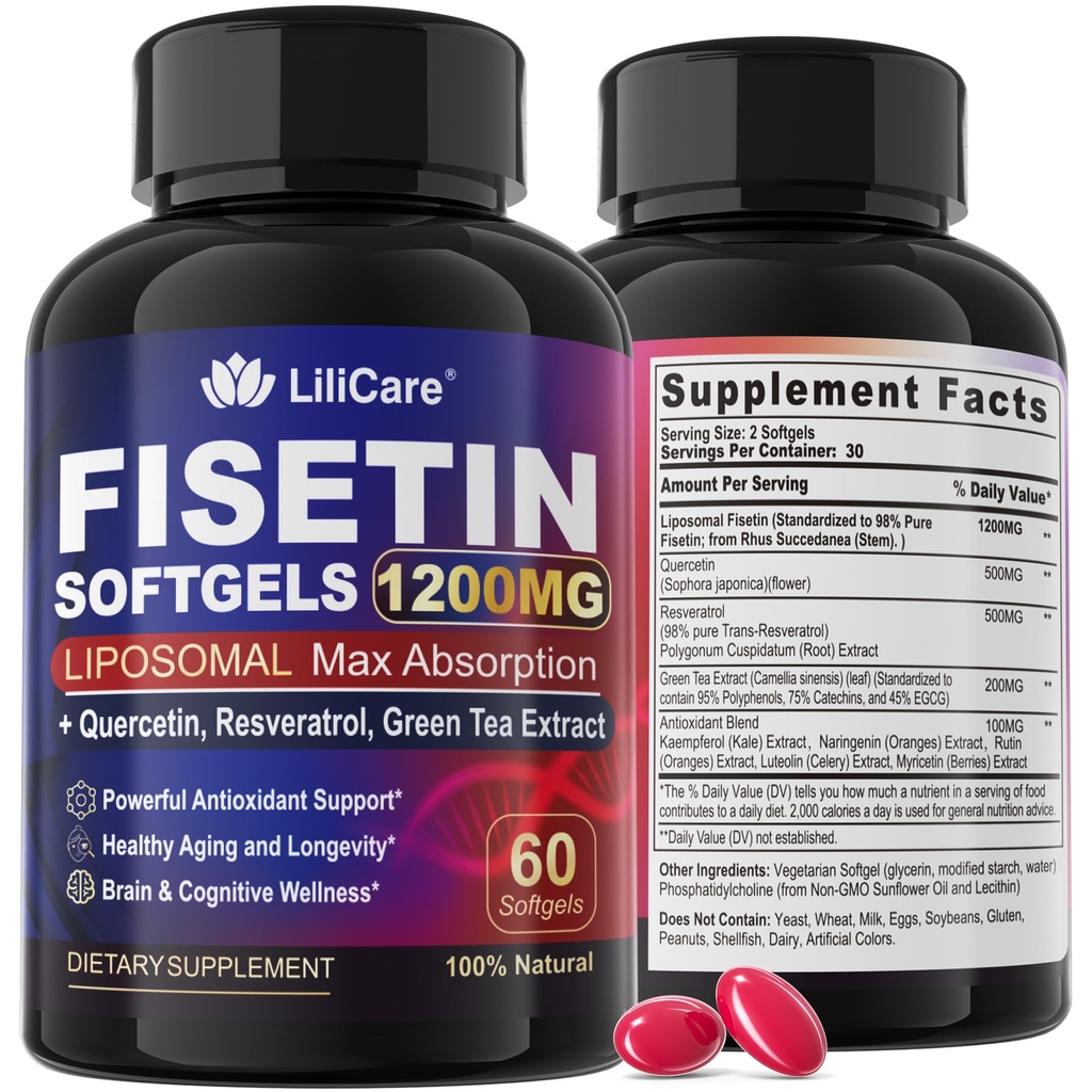 Fisetin Supplement - Liposomal Super Abxia% 98 Saf 1200 mg with Quercetin, Resveratrol, Green Tea Extract for Health Aging & Longevity, Skin Health, Brain & Antioksi - 60 Softgels