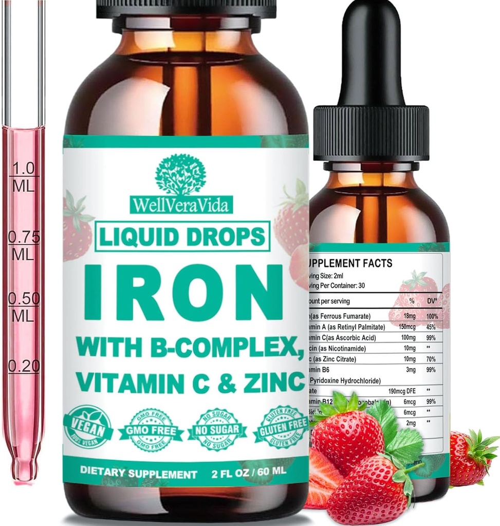 Υγρό συμπλήρωμα σιδήρου w/Vitamin C, B-Complex, Υψηλής ισχύος υγρό σιδήρου w. Πολυβιταμίνη, Vegan σιδήρου σταγόνες για τις γυναίκες, τα παιδιά, Χηλικό συμπλήρωμα υγρού σιδήρου για την αναιμία, τη κόπωση, την υποστήριξη των ερυθρών αιμοσφαιρίων